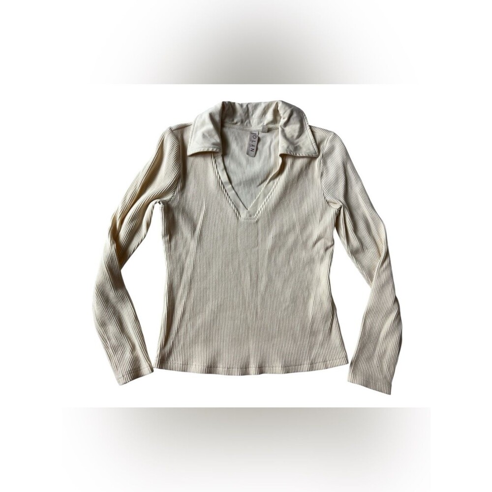 Dolan Left Coast V Neck Collared Ribbed Long Sleeve Cream Womens Small
